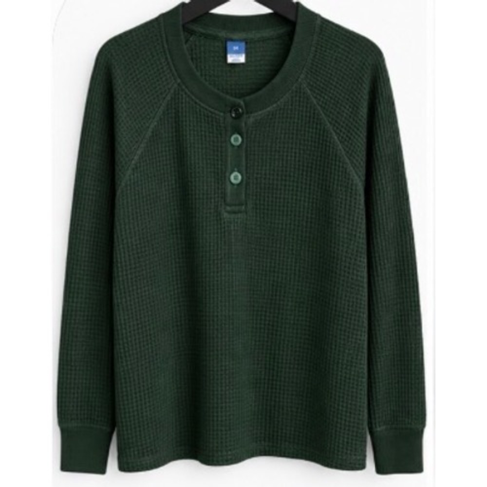 Old Navy Womens 2X Forest Green Waffle Knit Henley Thermal Raglan Top